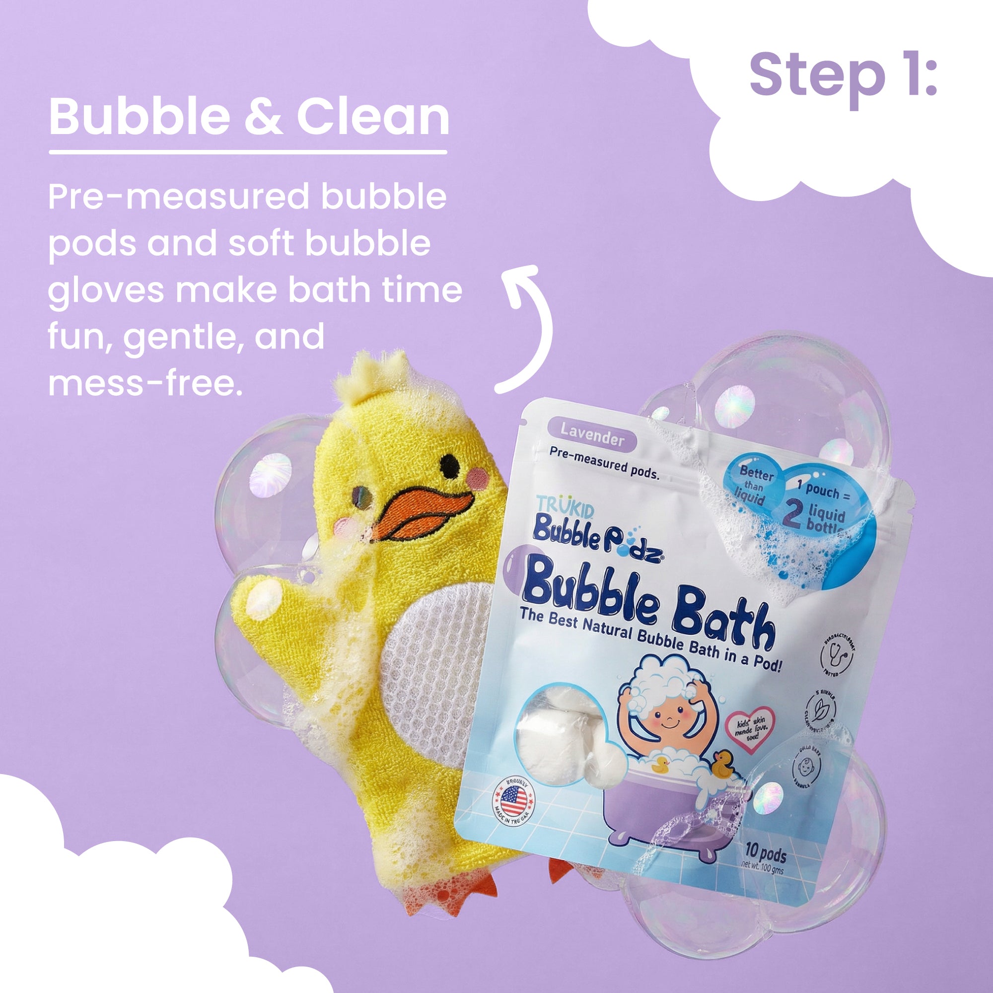 Yellow duck-shaped bath glove and package of bubble bath on a purple background with text about bubble and clean.