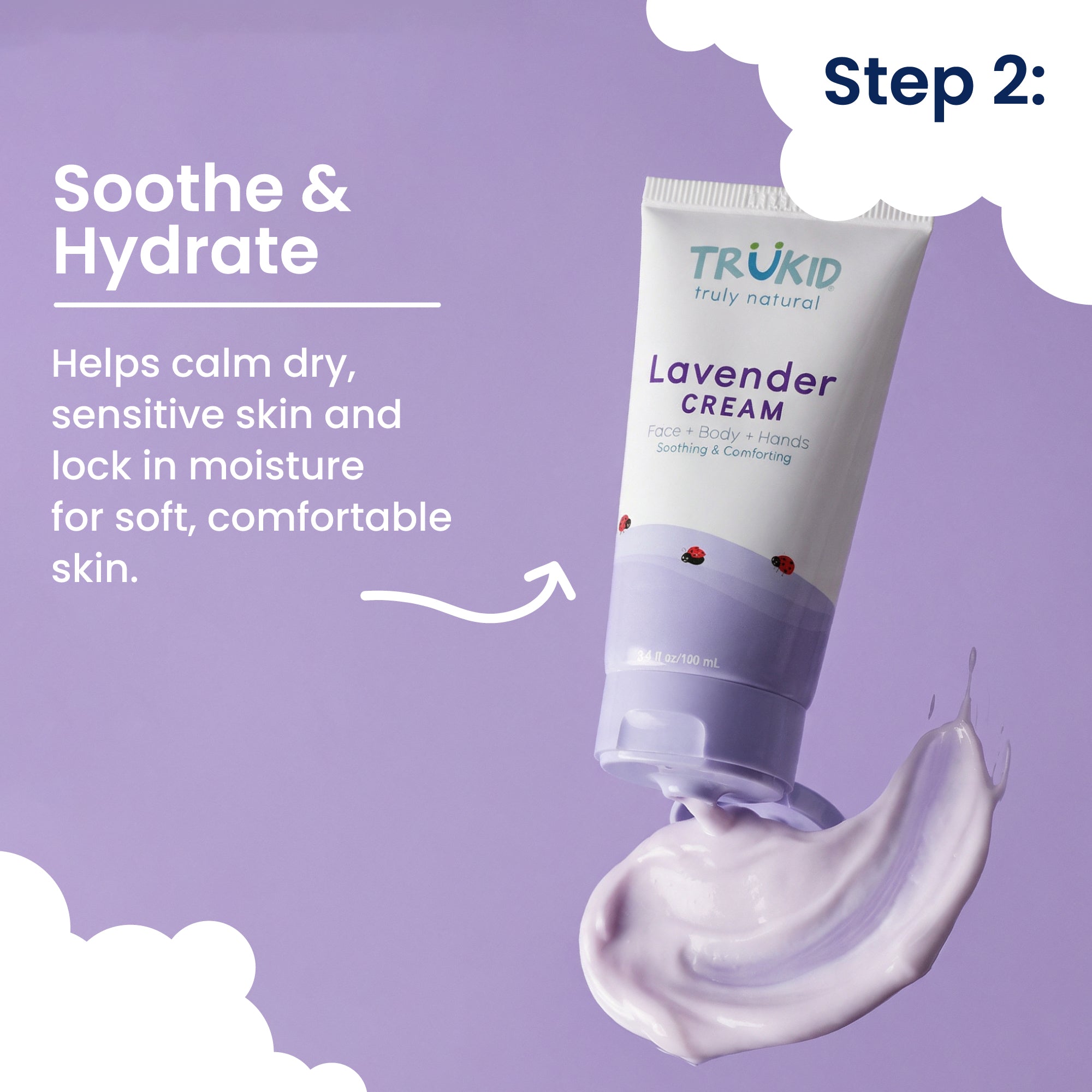 TRUKID Lavender Cream tube on a purple background with text about soothing and hydrating skin.