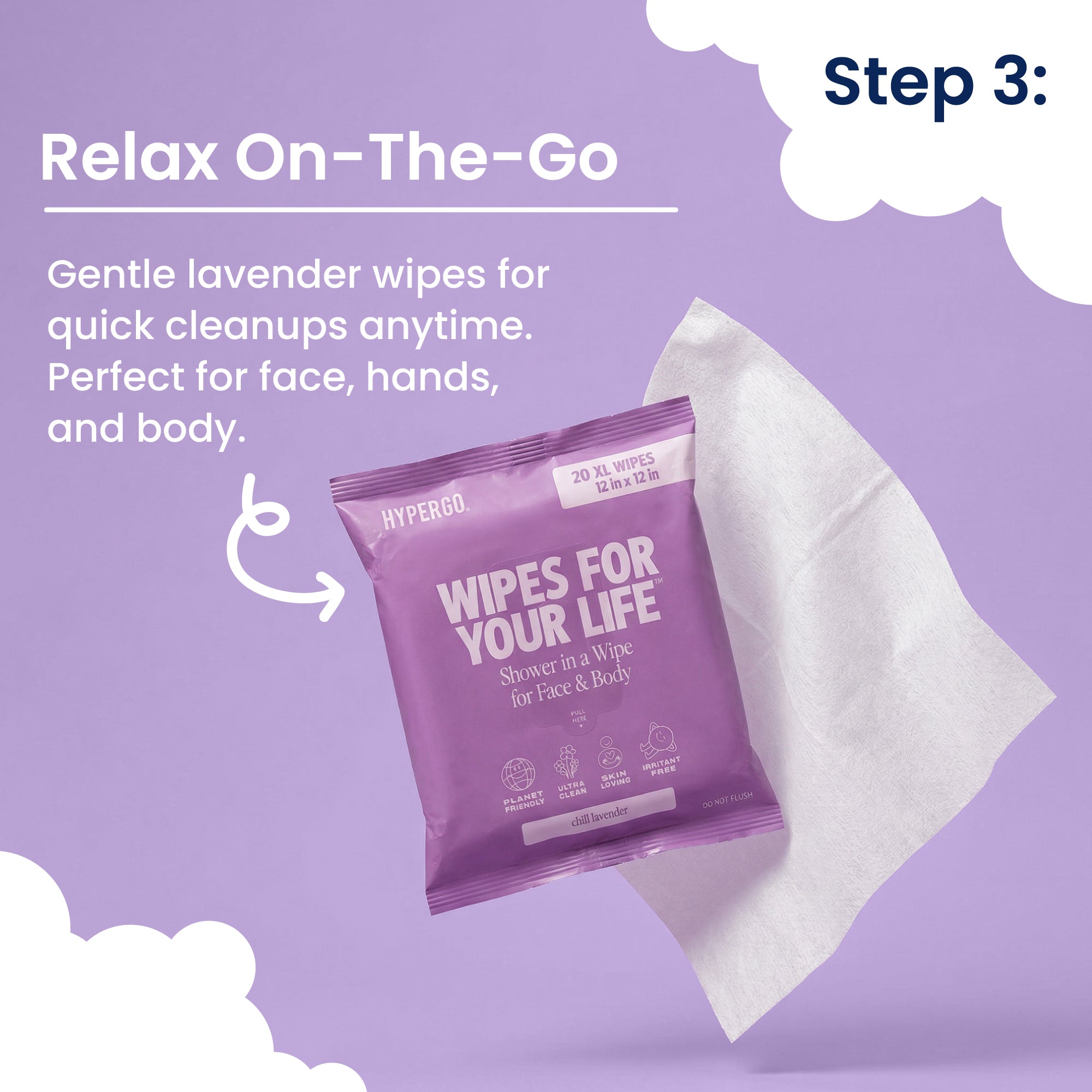 Purple packet of HyperGo 'Wipes for Your Life' on a purple background with text about gentle lavender wipes.