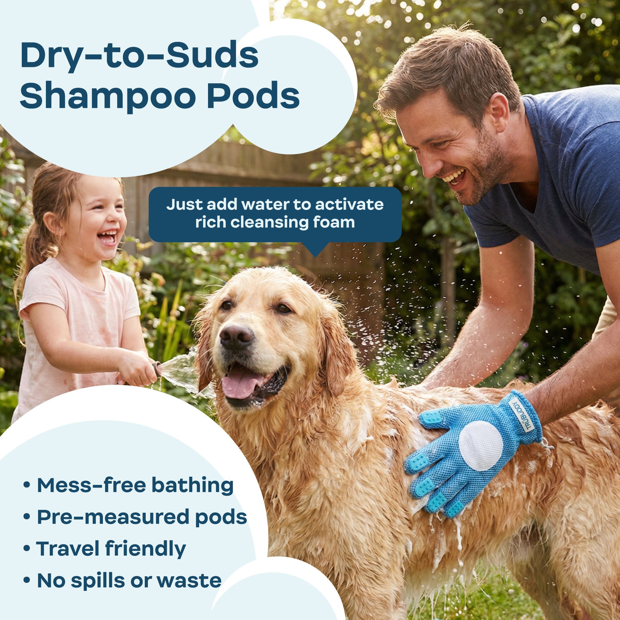 Man and child washing a dog with Dry-to-Suds Shampoo Pods, surrounded by greenery.