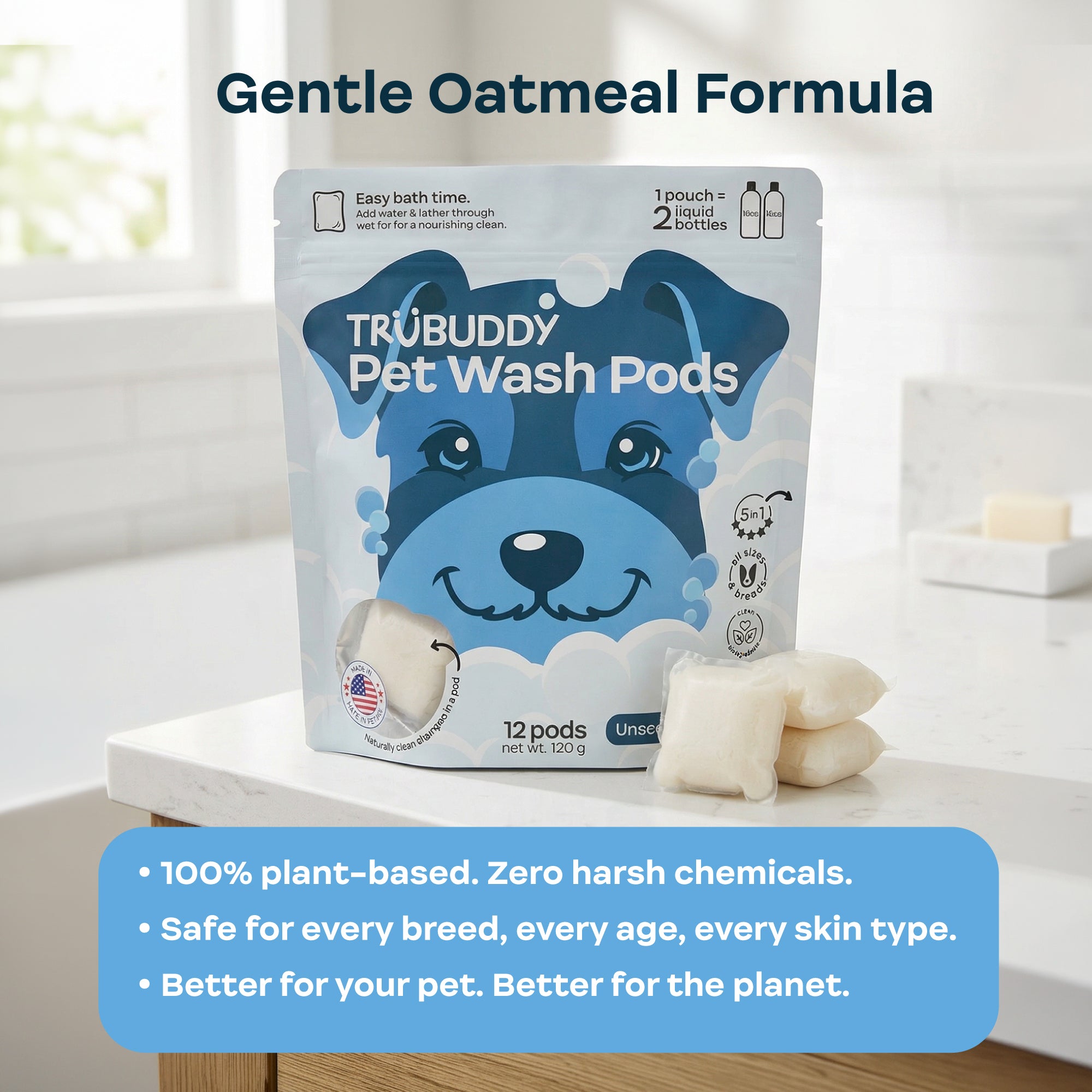 TRUBUDDY Pet Wash Pods packaging with a blue dog illustration on a white surface.