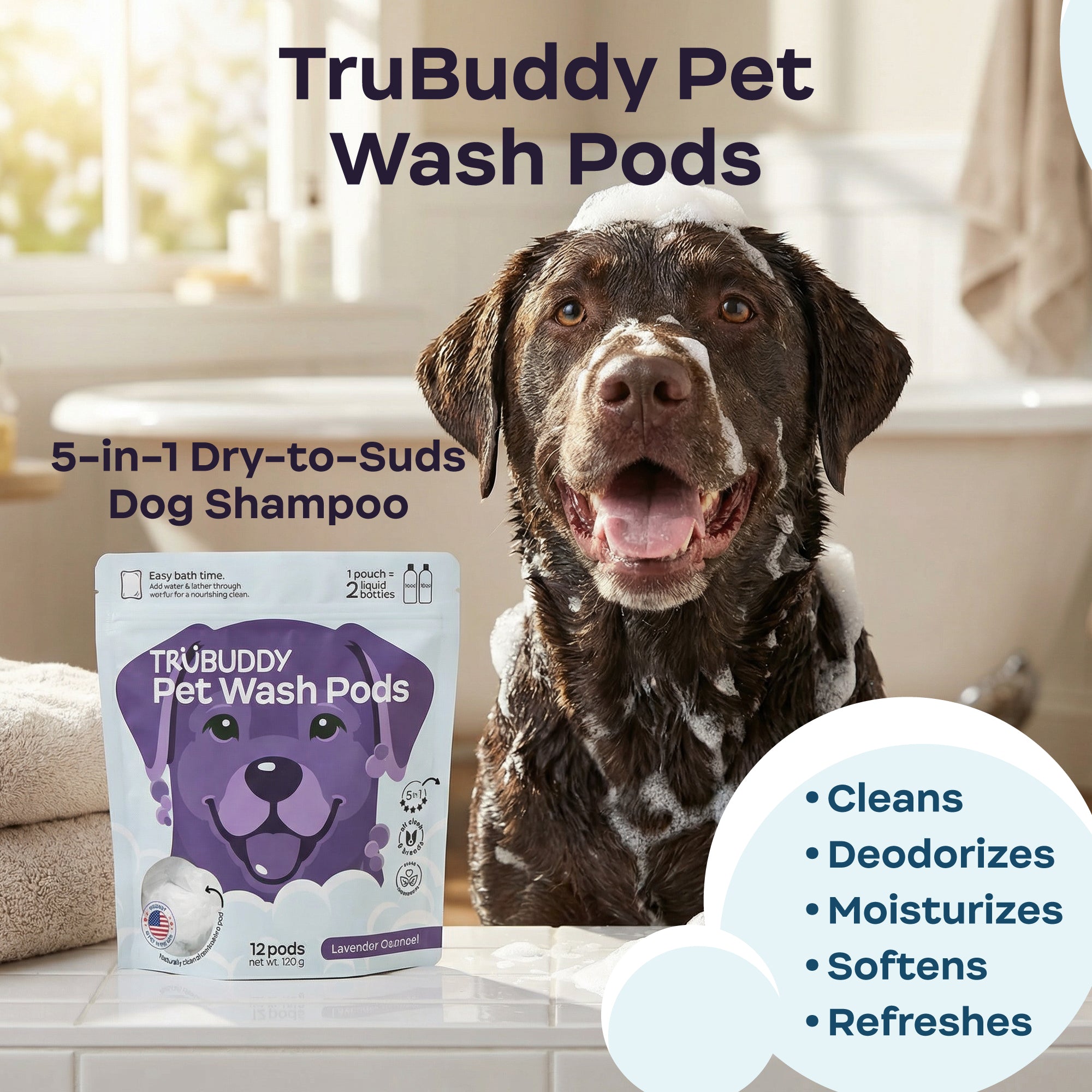 TruBuddy Pet Wash Pods packaging with a dog in a bathroom setting
