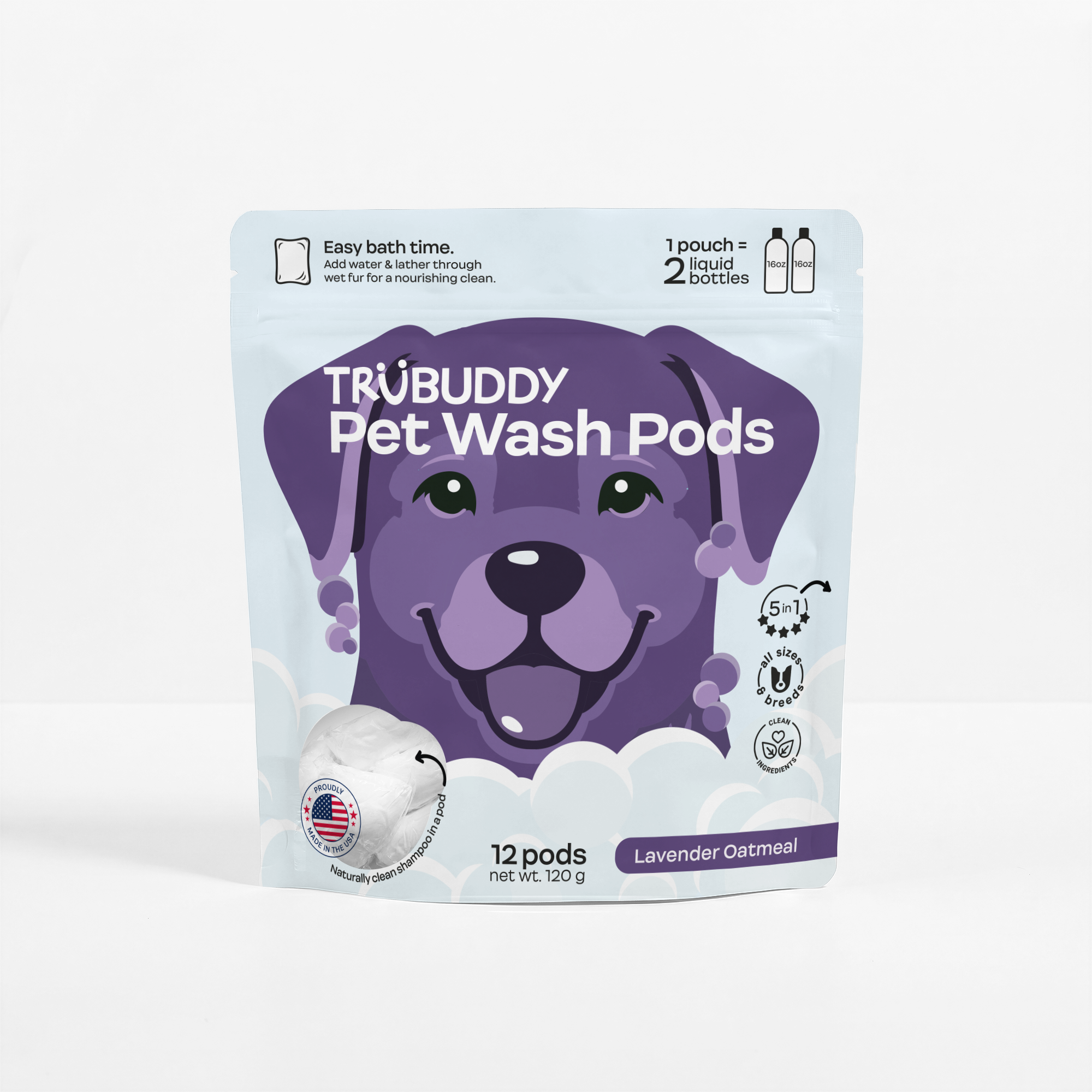 TruBuddy Pet Wash Pods packaging with a purple dog illustration on a white background- Lavender Scent