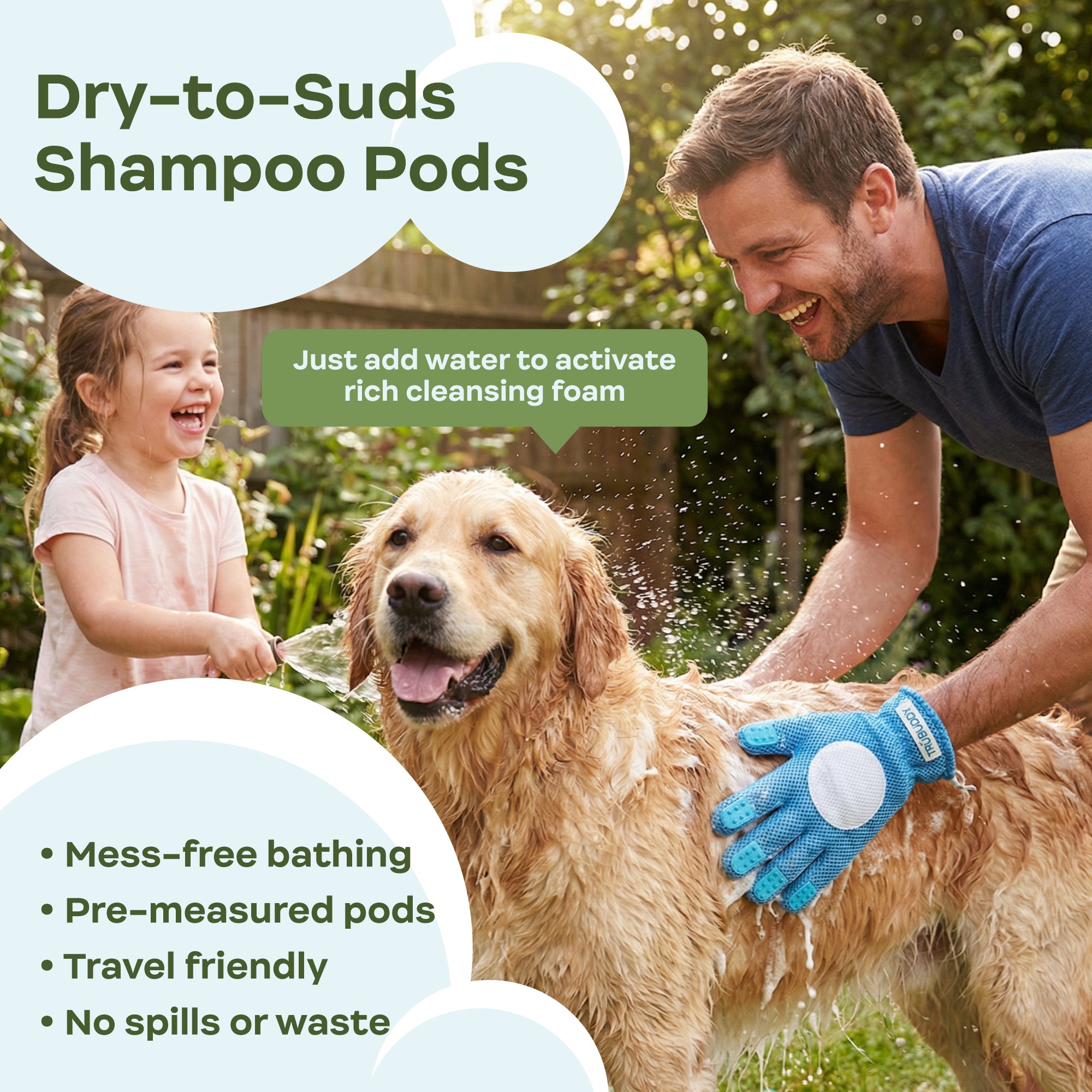 Man and child washing a dog with Dry-to-Suds Shampoo Pods, surrounded by greenery.
