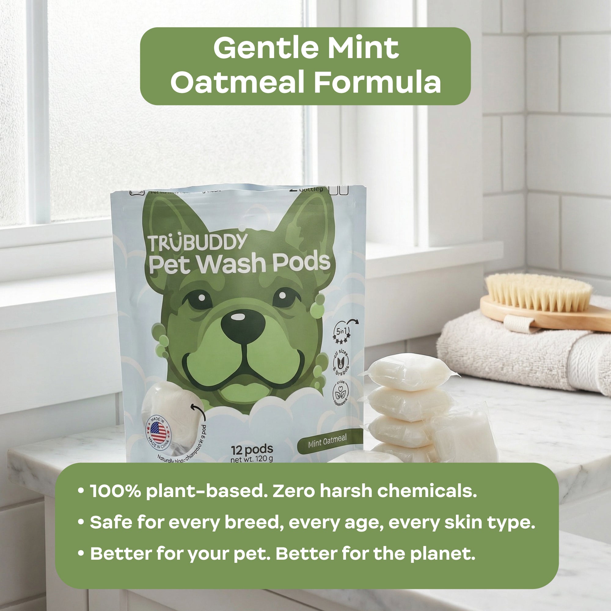 TRUBUDDY Pet Wash Pods packaging with product details on a bathroom counter.