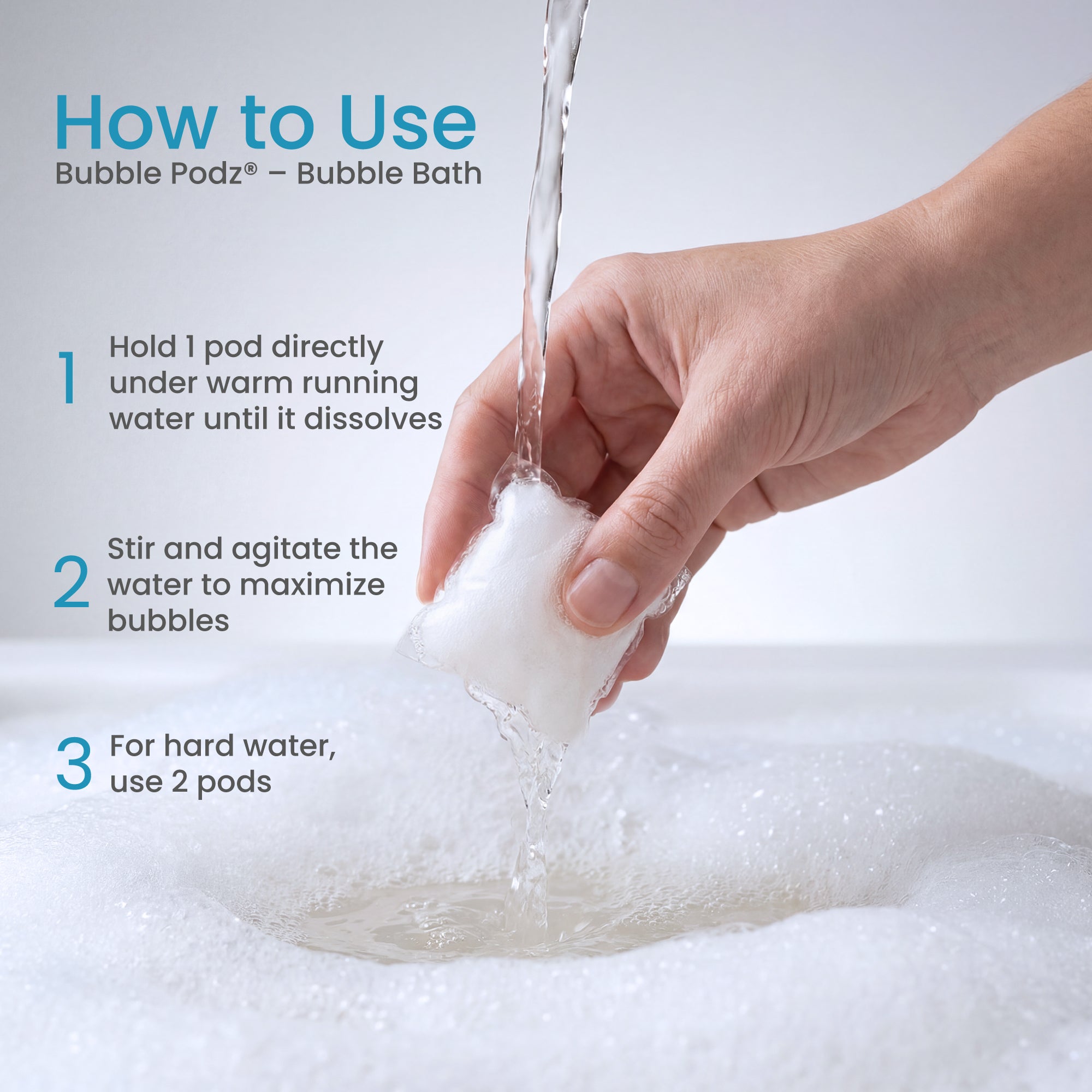 Hand holding a Bubble Podz bubble bath pod with water being poured over it, against a light gray background. Describing how to use