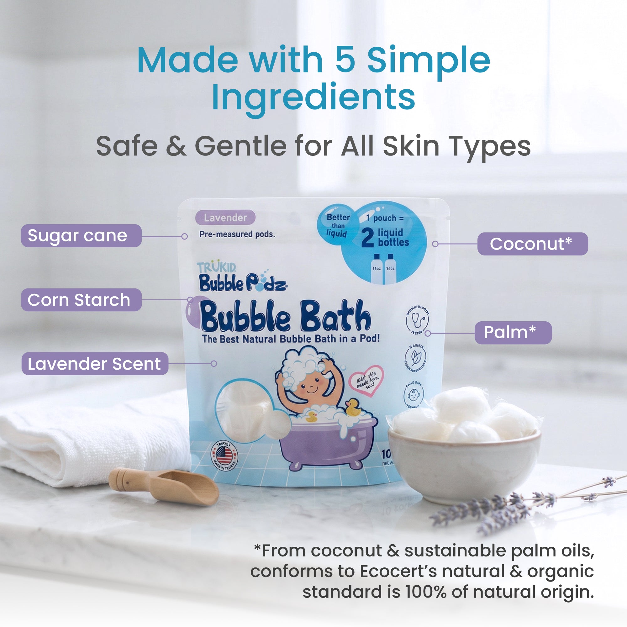 A pouch of Bubble Bath with ingredients listed on a neutral background