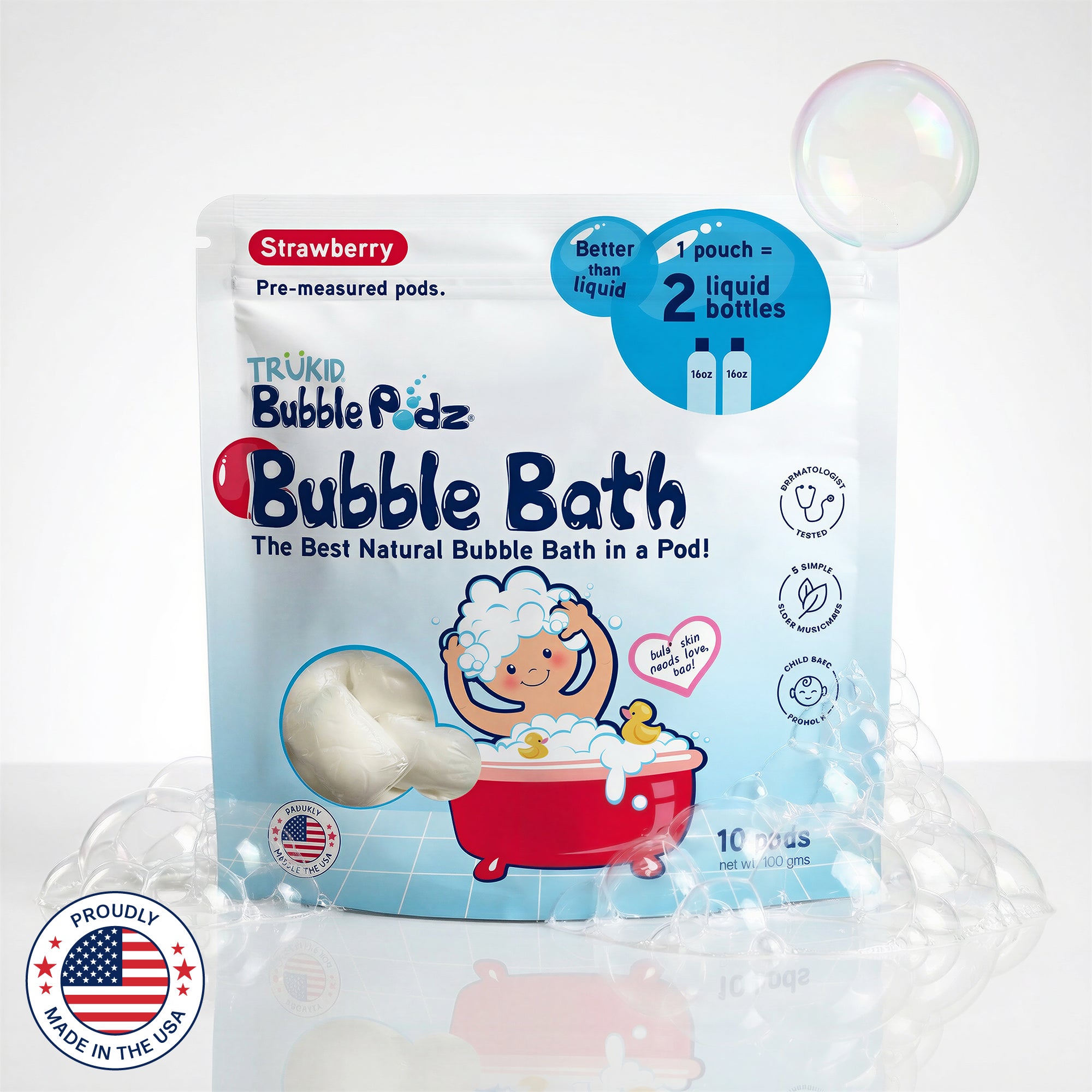 Trukid Bubble Podz Bubble Bath Strawberry scent packaging with a child in a bathtub illustration on a white background.