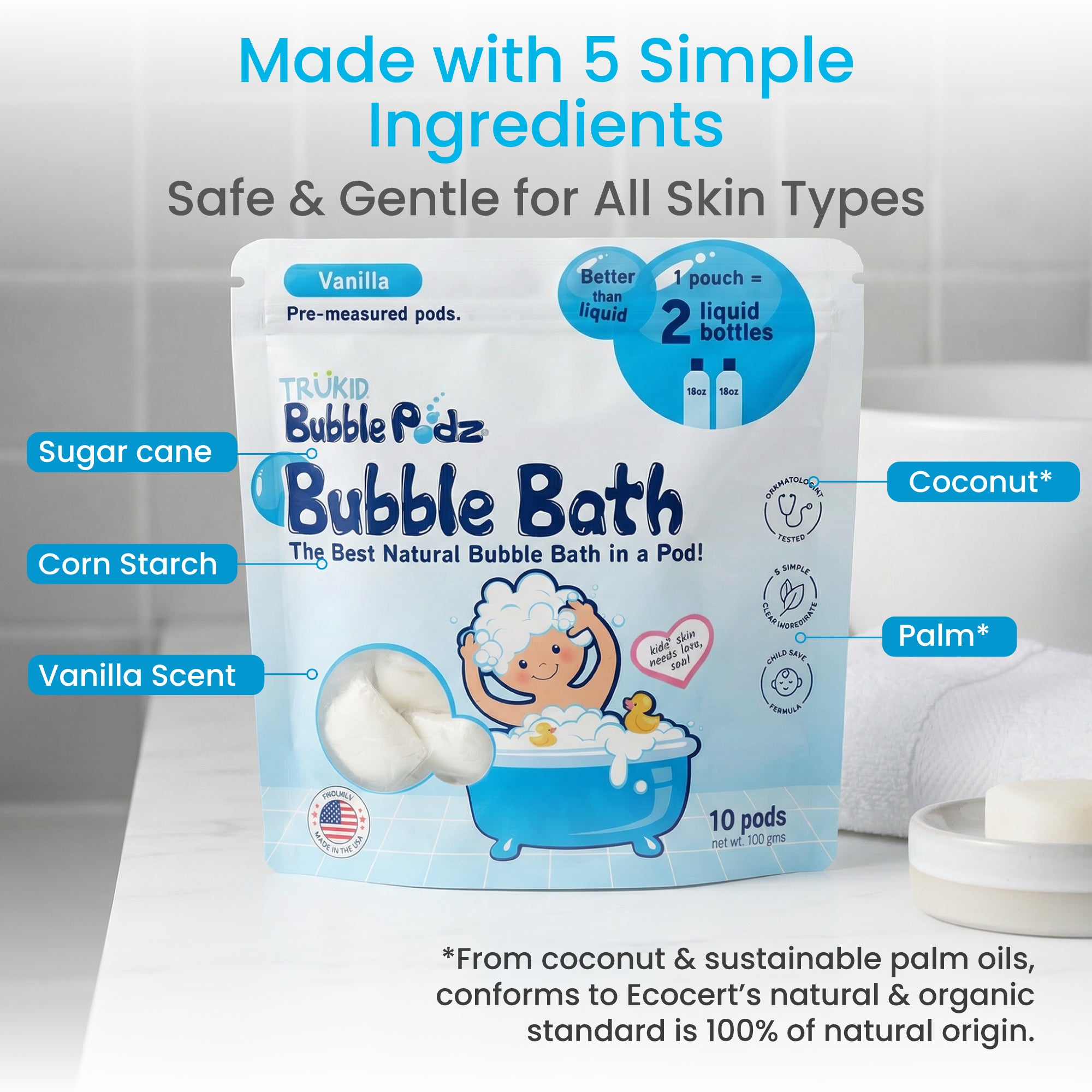 Trukid Bubble Podz Bubble Bath packaging with product details on a neutral background