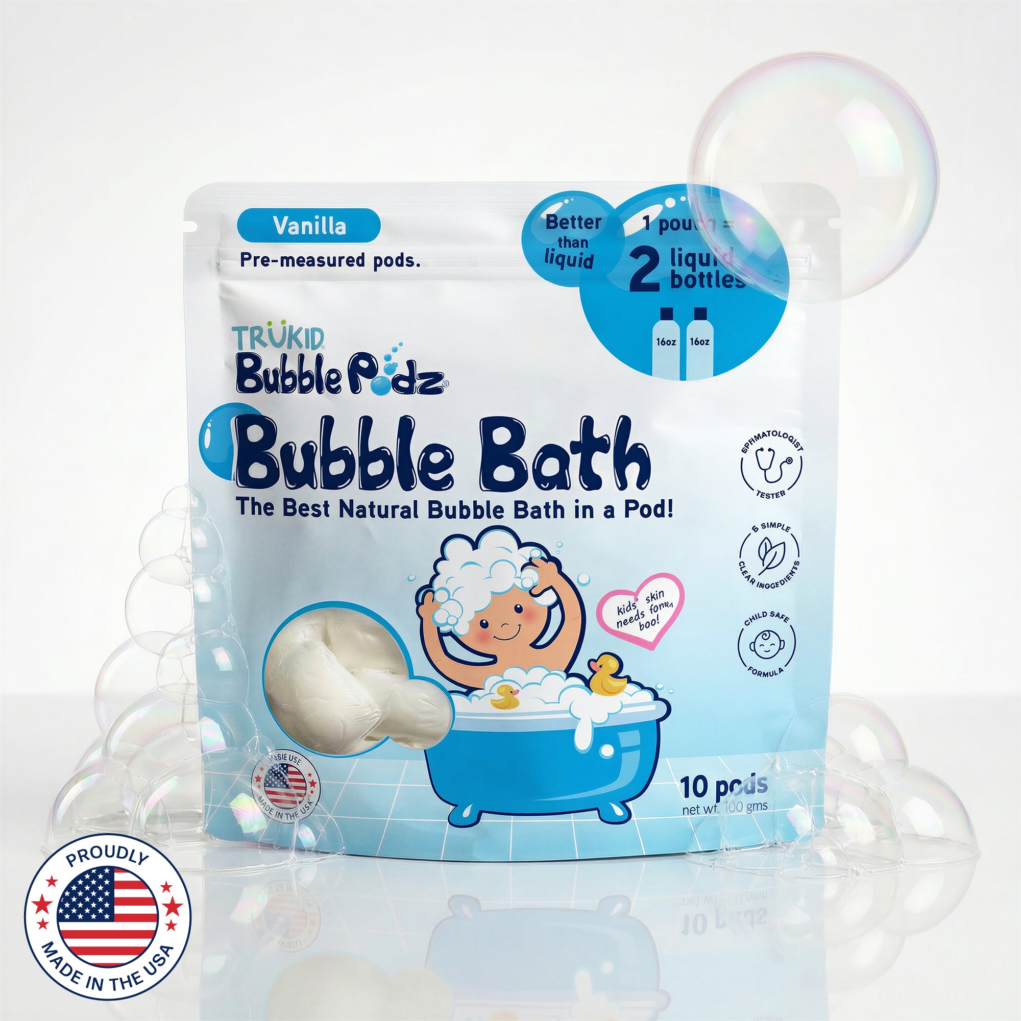 TruKid Bubble Podz Bubble Bath Vanilla scent packaging with cartoon character and bubbles on a white background