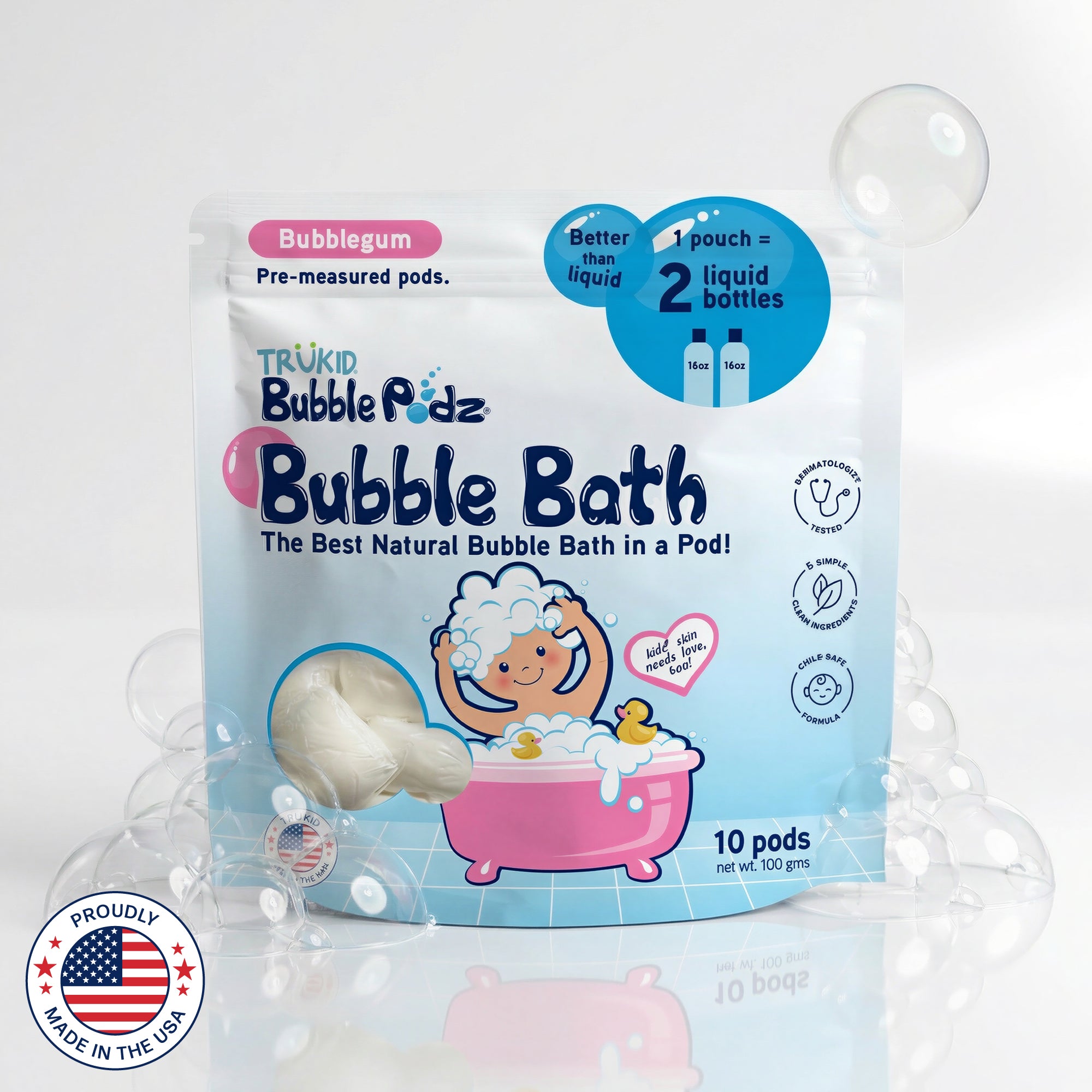 Package of TruKid Bubble Podz Bubble Bath Bubblegum, with branding and product details on a light gray background.