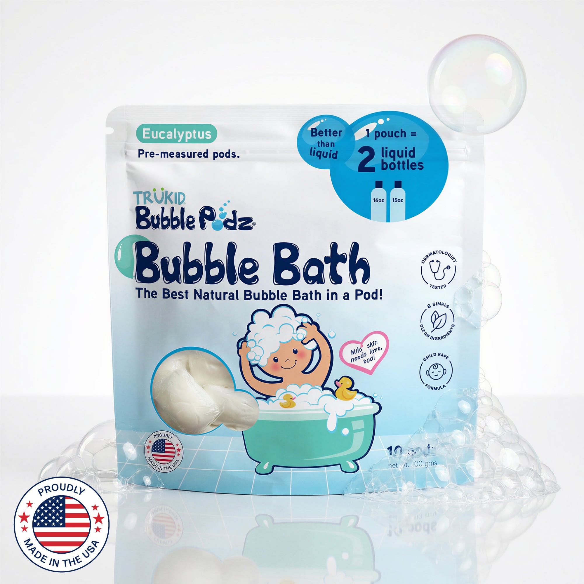 TruKid Bubble Podz Bubble Bath Eucalyptus scent packaging with branding and product details on a white background.