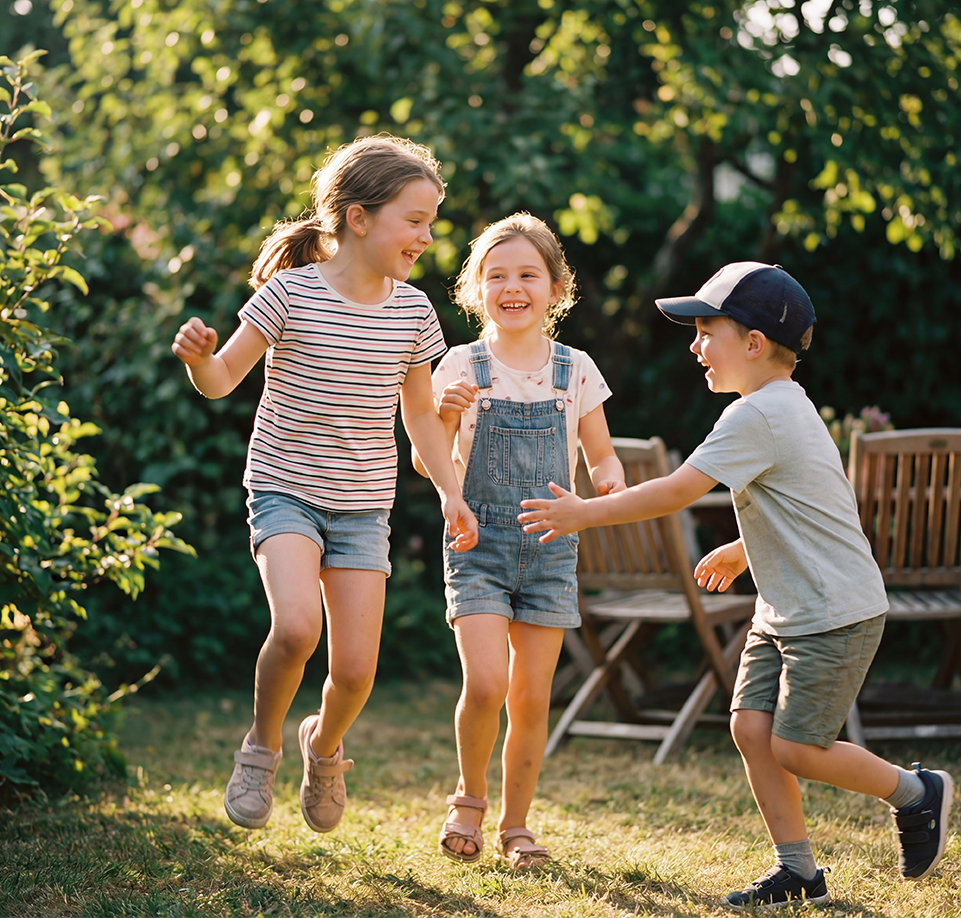Three children running together in a garden on a sunny day