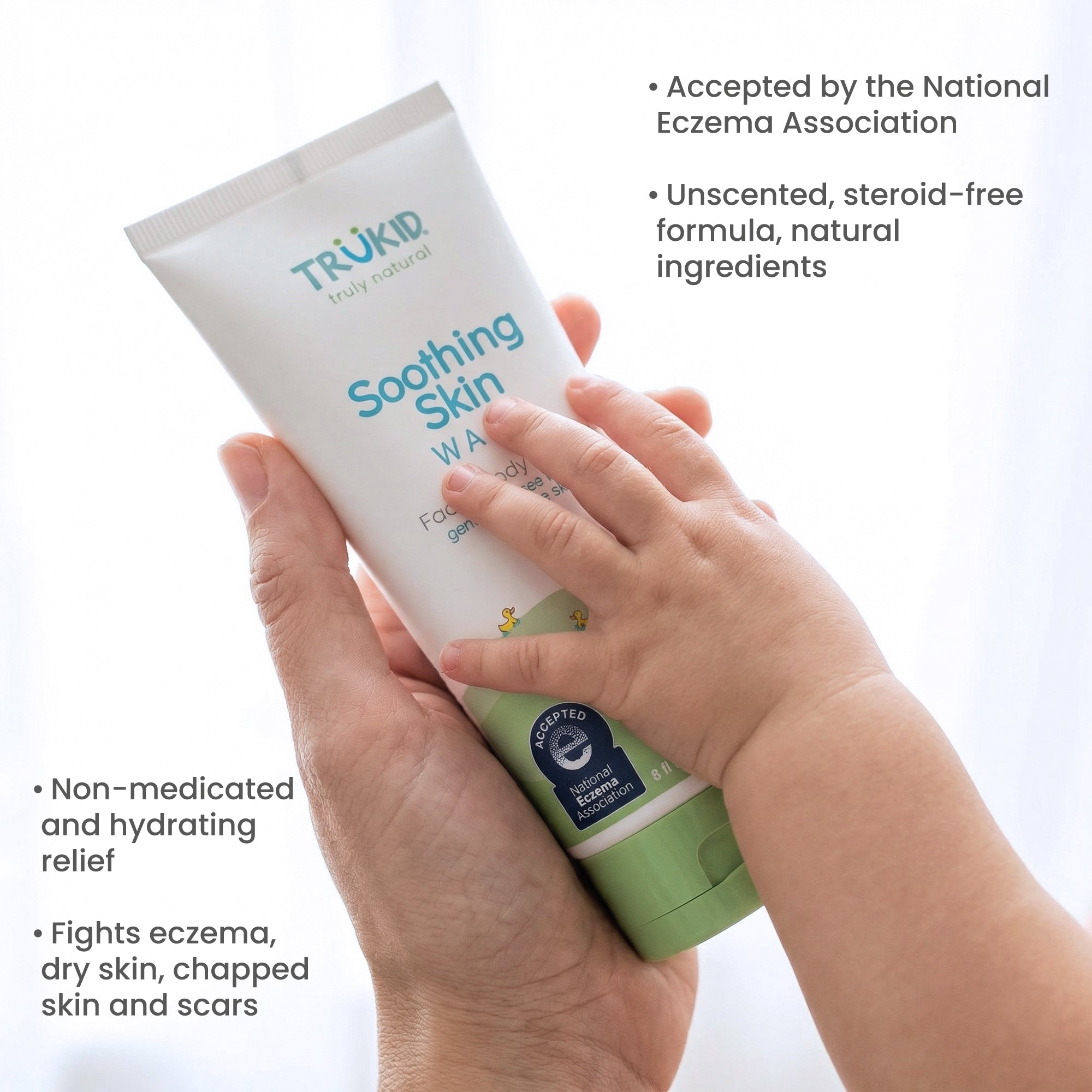 TruKid Soothing Skin Wash held by a hand with product details on a white background