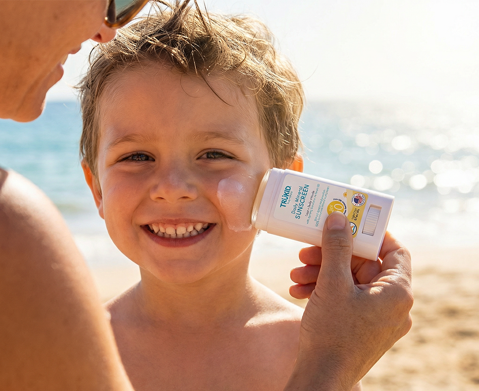 A parent applying the sunscreen stick on his child's face 