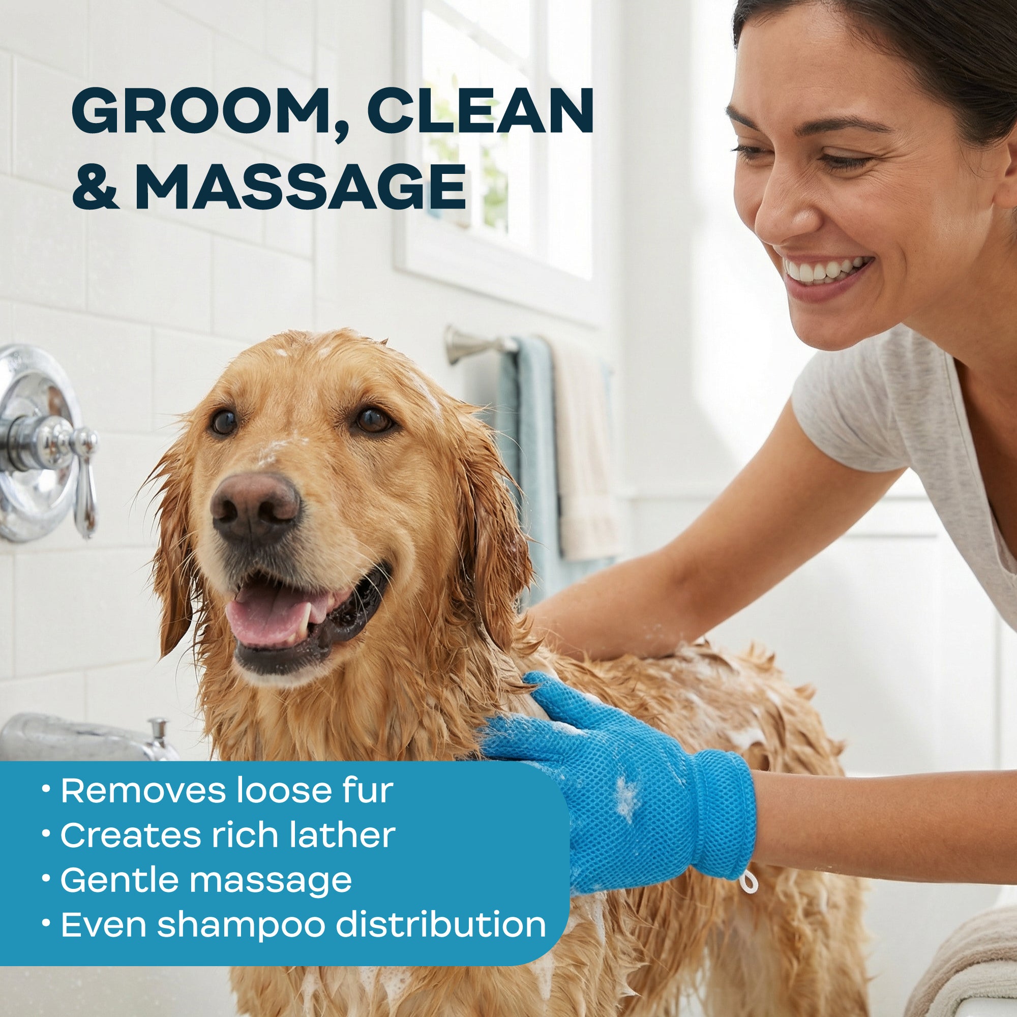 Woman washing a golden dog with text about grooming benefits