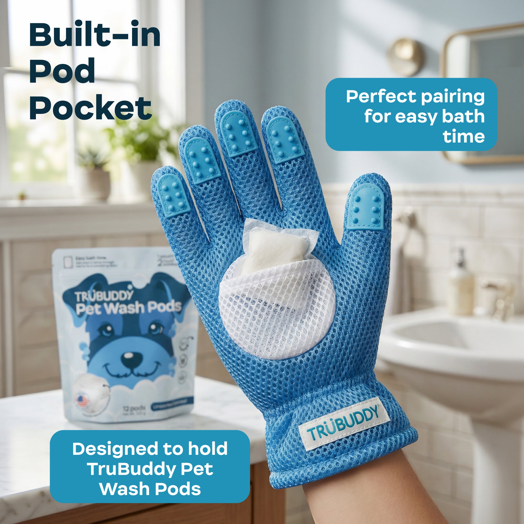 Blue grooming glove with a pocket for TruBuddy Pet Wash Pods in a bathroom setting