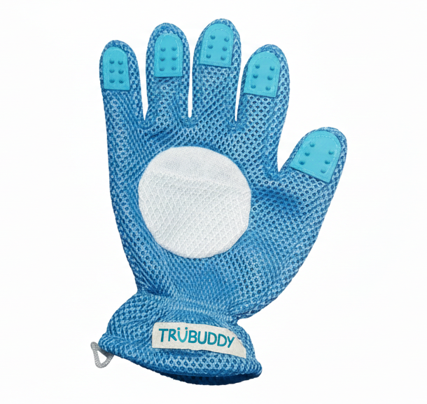Blue gardening glove with textured fingers and a white palm, featuring the Trubuddy logo.