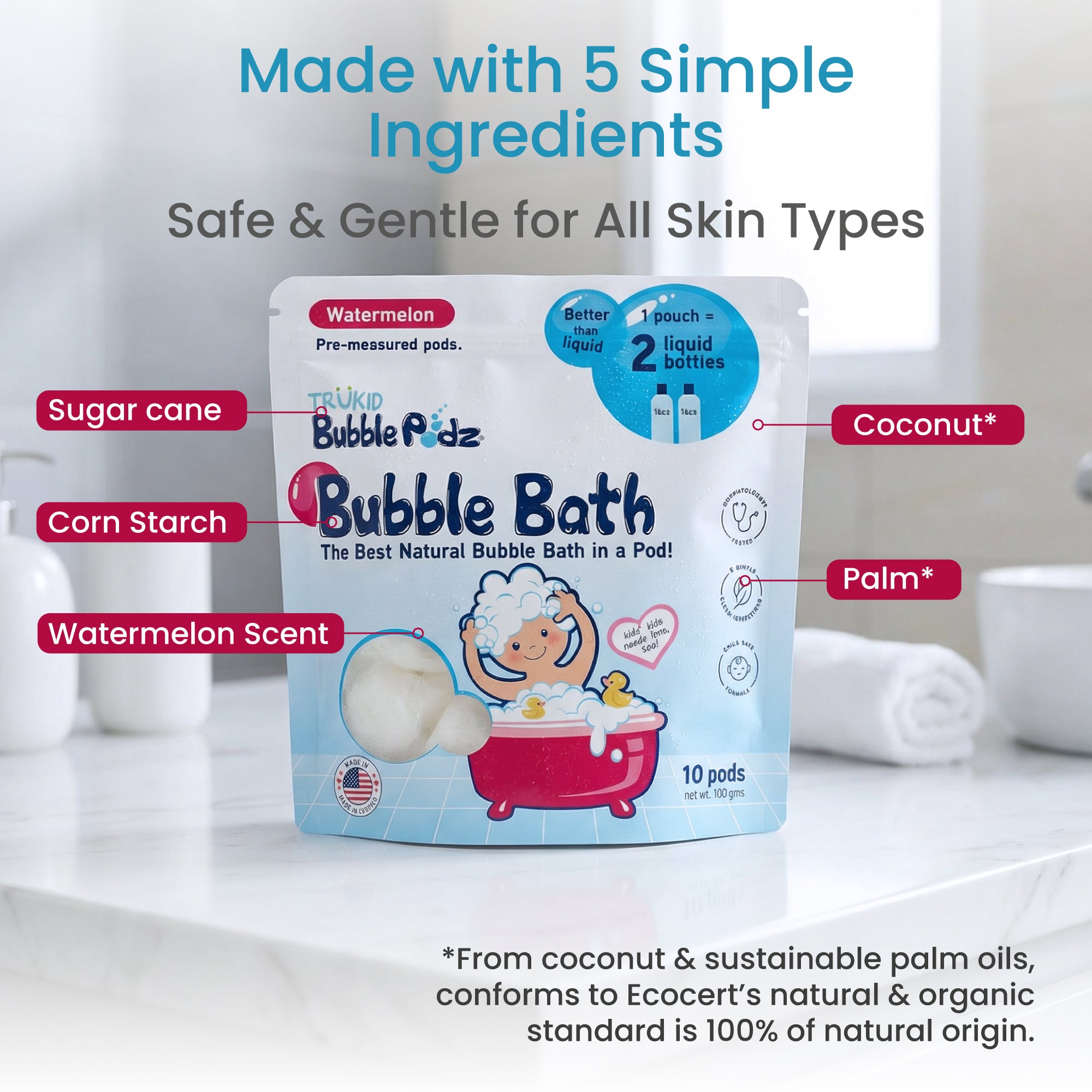Bubble bath pod packaging with ingredients listed on a bathroom background
