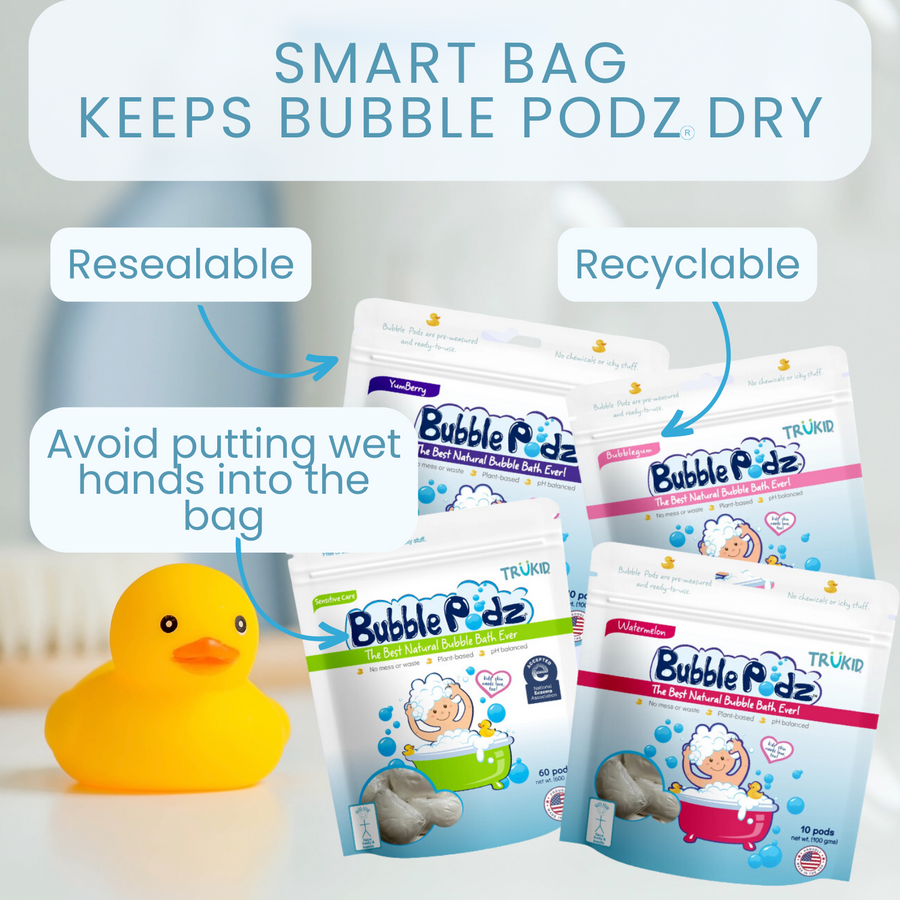 Smart bag keeps Bubble Podz dry.  Resealable, recyclable.  Avoid putting wet hands in the bag.