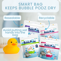 Smart bag keeps Bubble Podz dry.  Resealable, recyclable.  Avoid putting wet hands in the bag.