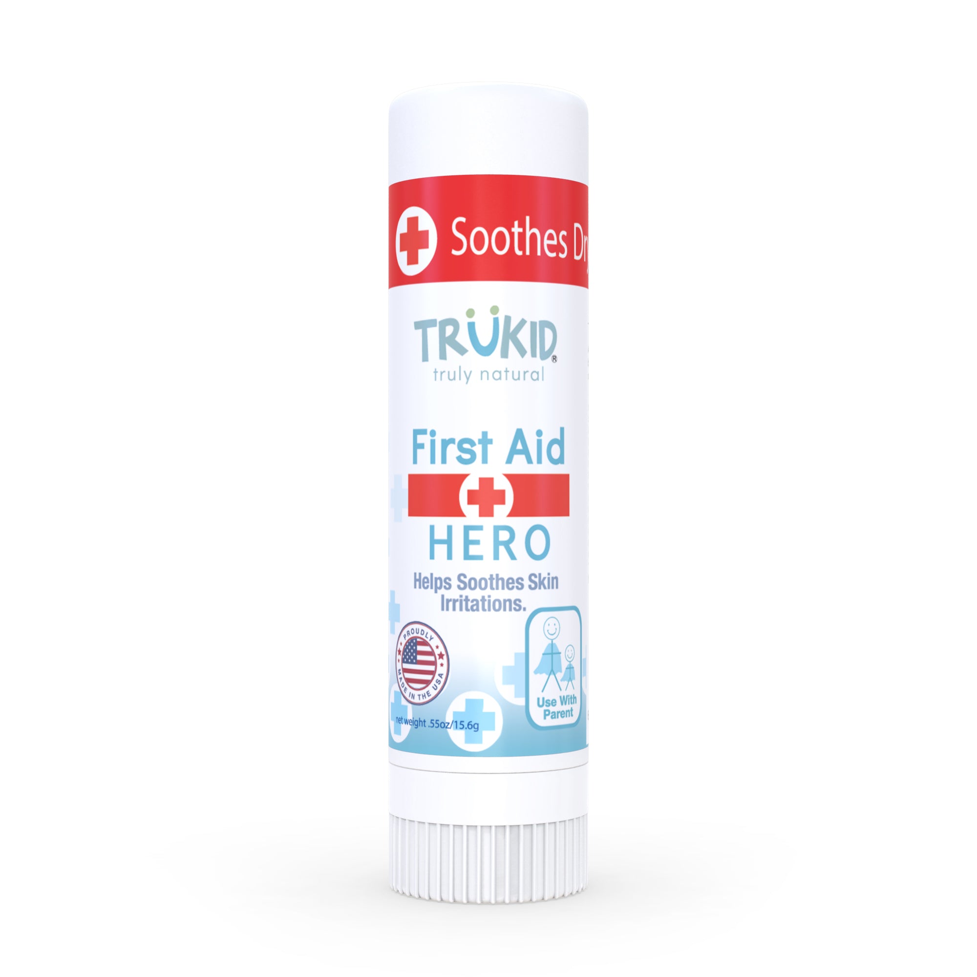 Front of TruKid First Aid Hero Sick Therapy Balm stick.TruKid First Aid Hero Stick Therapy Balm