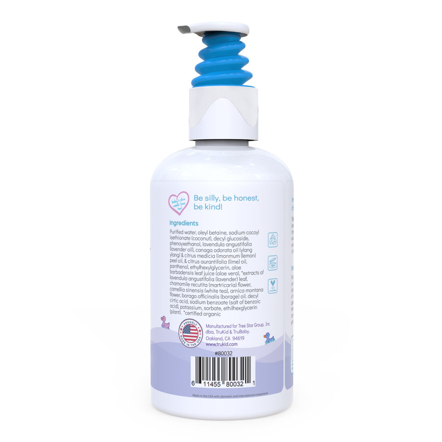 Ingredients panel of TruBaby Lavender Hair & Body Wash bottle.