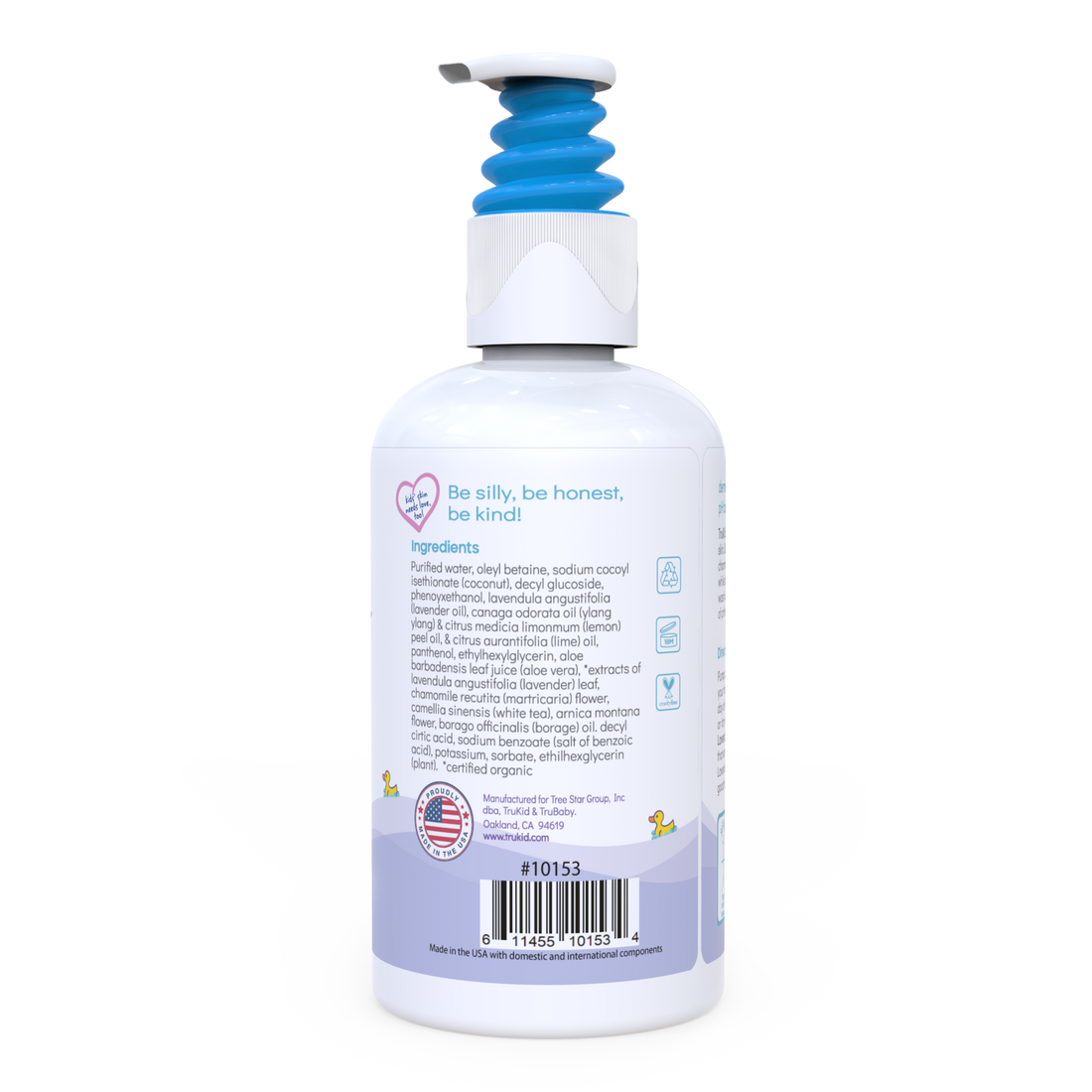 Ingredients panel of TruKid Lavender Hair & Body Wash bottle.